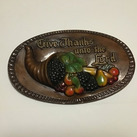 Vtg 1970s Chalkware Give Thanks Unto the Lord Cornucopia Wall Plaque 15" 3D - Picture 1 of 6